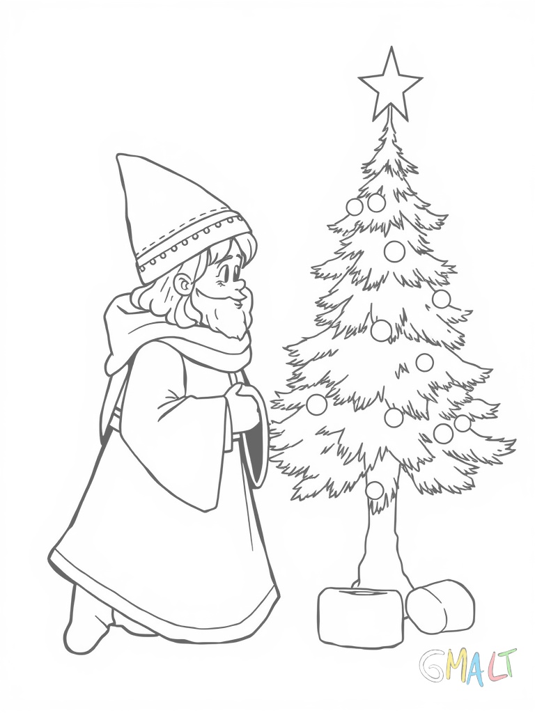 Das Christkind kniet vor einer Krippe und betrachtet das Jesuskind. Neben der Krippe steht ein kleiner Tannenbaum mit einem Stern an der Spitze.