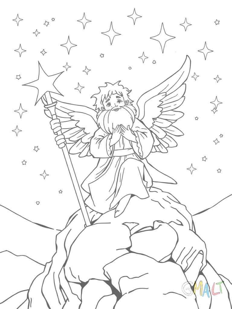 Das Christkind sitzt auf einem Halbmond und streut Sternschnuppen über die Erde. Seine Flügel glitzern und sein Gewand wird von einem Band zusammengehalten.