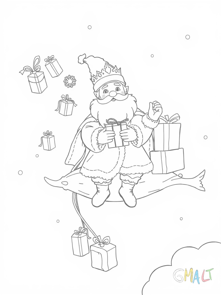 Das Christkind sitzt auf einer Wolke und verteilt Geschenke. Mehrere eingepackte Päckchen schweben von seinen Händen herab zur Erde. Es trägt eine kleine Krone und ein festliches Gewand.