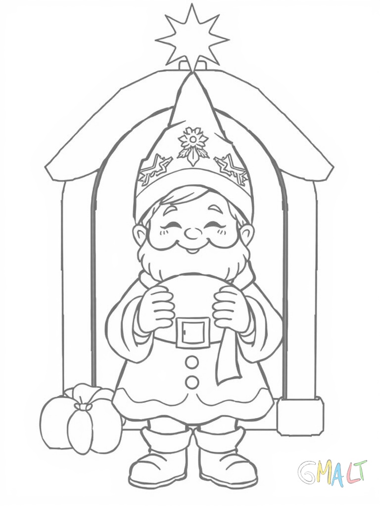 Ein lächelndes Christkind steht vor einer großen Weihnachtsglocke. Seine Hände läuten die Glocke mit einem Band. Ein Heiligenschein schmückt seinen Kopf.