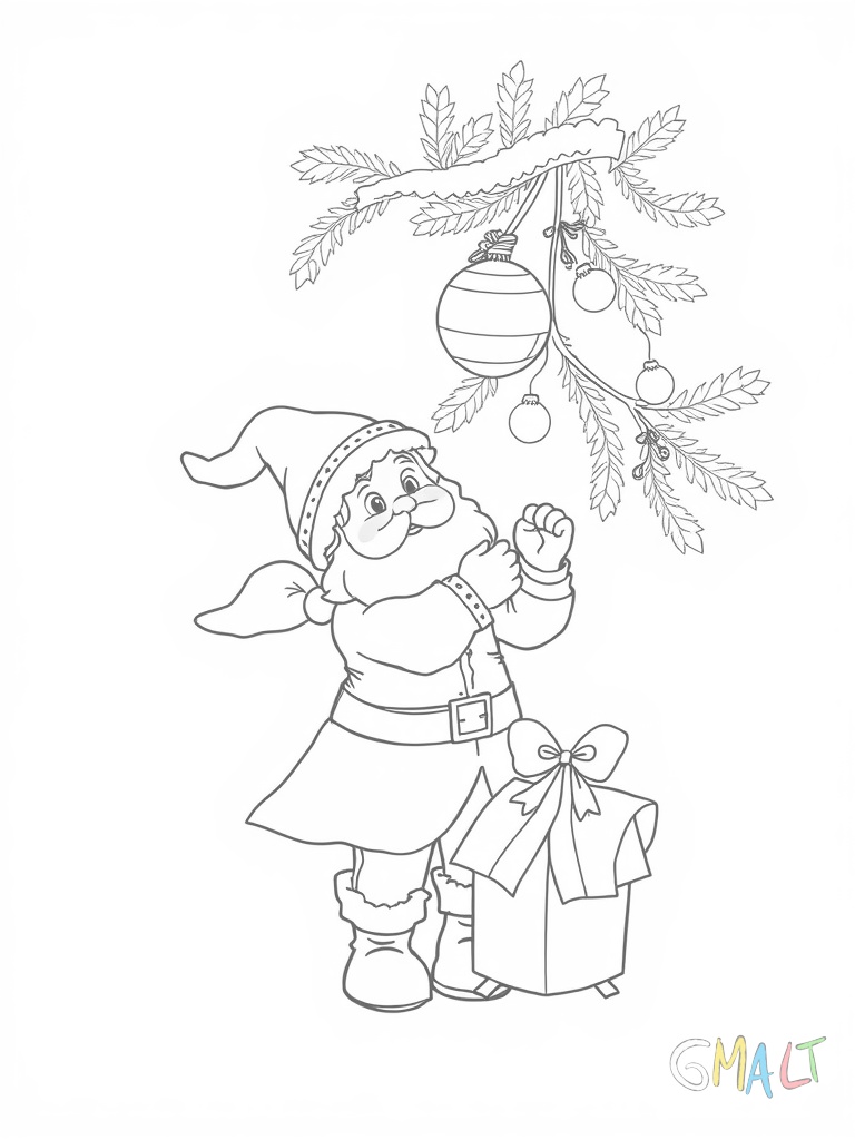 Das Christkind schmückt einen Weihnachtsbaum. Es hängt gerade eine Kugel an einen Zweig. Zu seinen Füßen steht eine Kiste mit Christbaumschmuck.