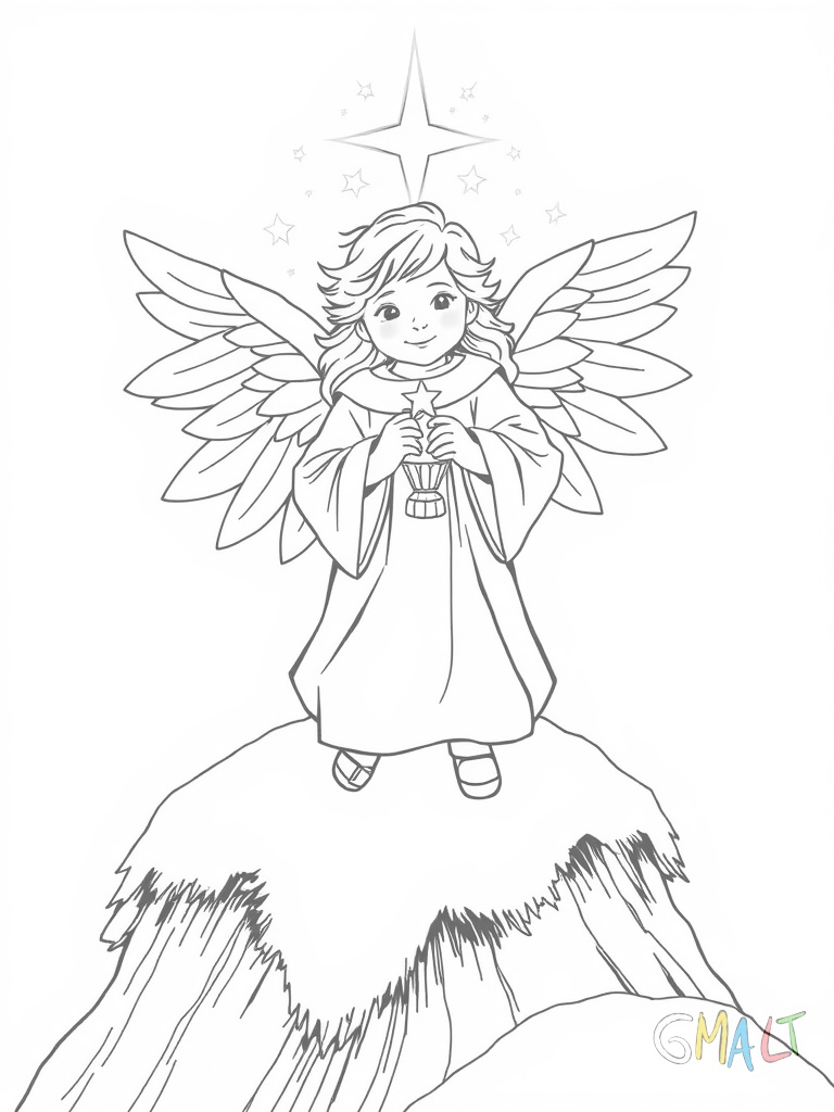 Ein strahlendes Christkind mit goldenen Locken schwebt über einer verschneiten Tanne. Es trägt ein weißes Kleid und hält eine leuchtende Kerze in beiden Händen. Seine Flügel sind weit ausgebreitet.