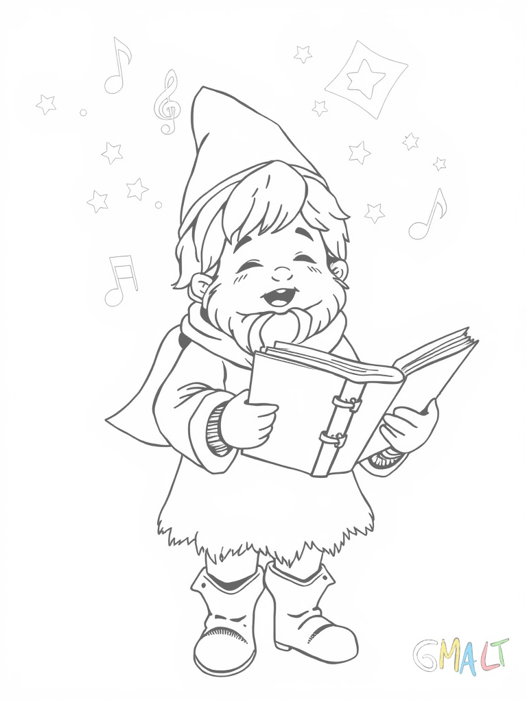 Ein singendes Christkind hält ein aufgeschlagenes Liederbuch. Kleine Musiknoten schweben um seinen Kopf. Es trägt eine Schärpe mit Sternen.