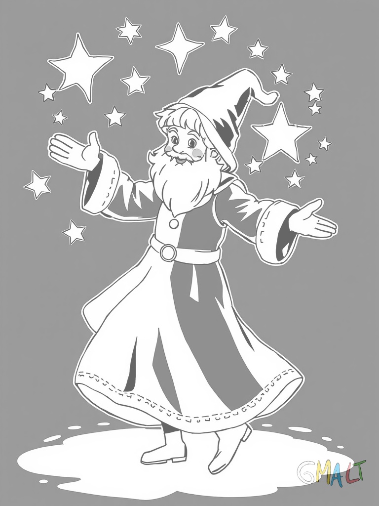 Ein tanzendes Christkind mit ausgebreiteten Armen. Um es herum kreisen Sterne und Schneeflocken. Sein langes Kleid schwingt in der Bewegung.