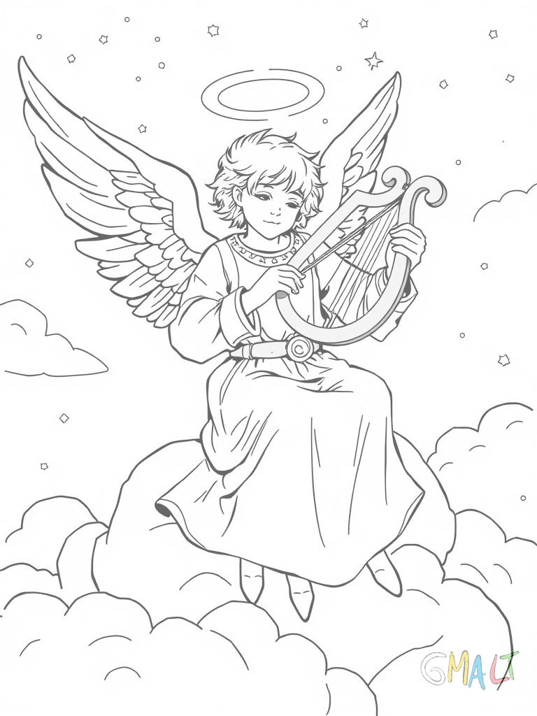 Ein Engel sitzt auf einer großen Wolke und spielt eine goldene Harfe. Er trägt ein weißes Kleid mit Gürtel und seine lockigen Haare werden von einem Band zusammengehalten. Seine Flügel sind sanft nach oben gebogen.