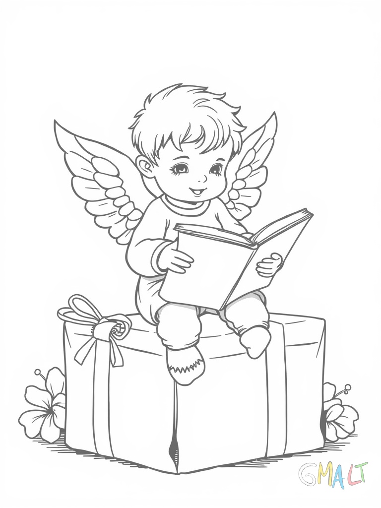 Ein kleiner Engel sitzt auf einem Geschenkpaket und liest in einem großen Buch. Er hat kleine Flügel und trägt Pantoffeln an den Füßen. Seine Haare sind zu einem Zopf geflochten.