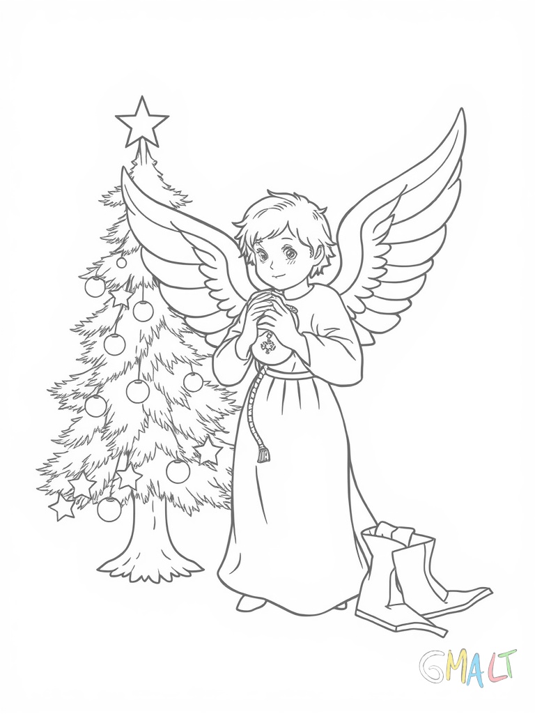 Ein Engel kniet vor einem Tannenbaum und schmückt ihn mit einer Christbaumkugel. Seine Flügel sind nach hinten gefaltet und er trägt ein kurzes Gewand mit Schleife. Neben ihm liegt eine Schachtel mit weiterem Schmuck.