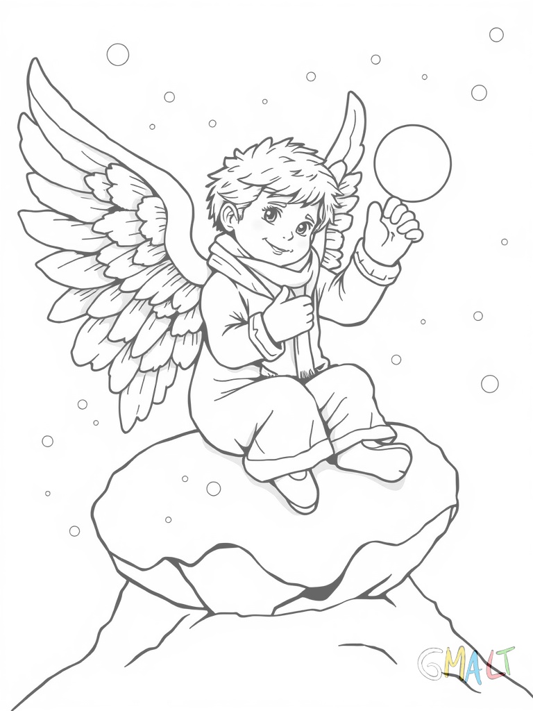 Ein Engel macht einen Schneeball während er auf einer Schneewolke sitzt. Er trägt einen Schal und Handschuhe zu seinem Engelsgewand. Seine Flügel sind mit Schneeflocken bedeckt.