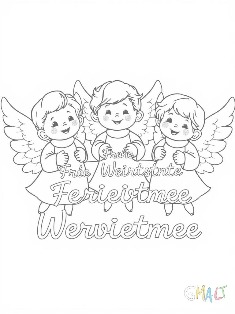Drei kleine Engel halten gemeinsam einen langen Schriftzug "Frohe Weihnachten". Sie tragen kurze Gewänder und haben kleine runde Flügel. Ihre Haare sind zu Locken gedreht und sie haben fröhliche Gesichter.