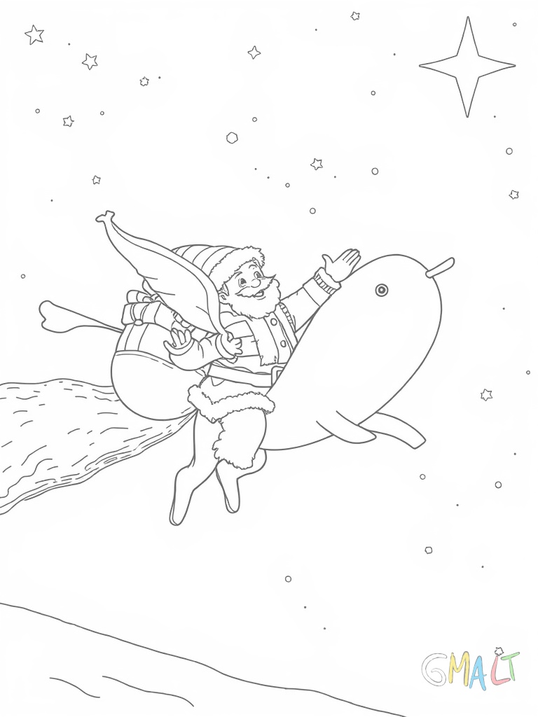 Ein Weihnachtsschlitten fliegt durch den Nachthimmel. Er wird von acht Rentieren gezogen und ist voller Geschenke.