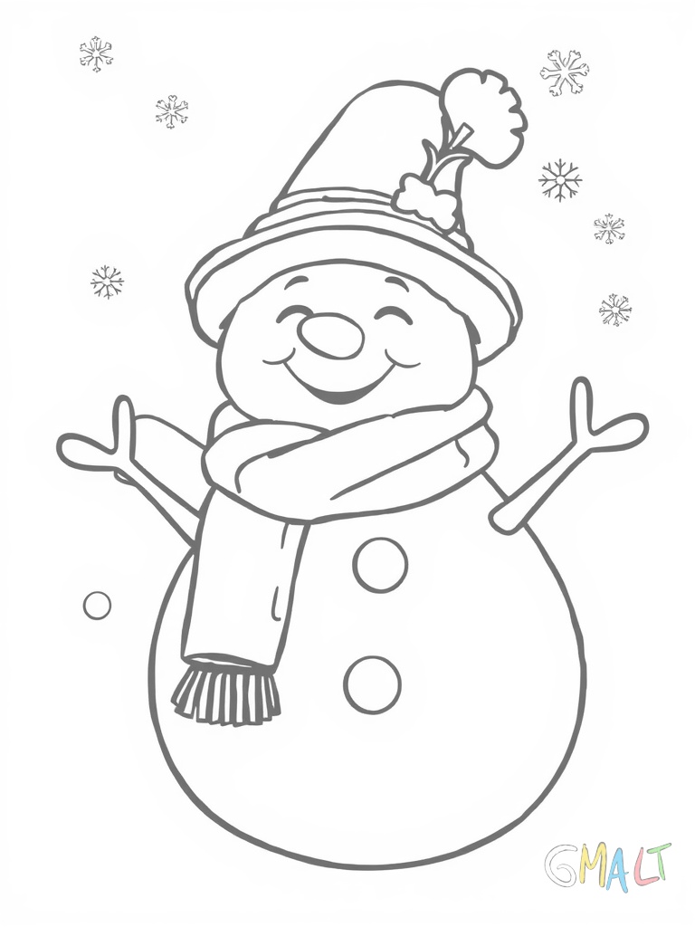 Ein Schneemann mit Möhrennase und Zylinder winkt fröhlich. Er trägt einen gestreiften Schal und hat Knopfaugen.