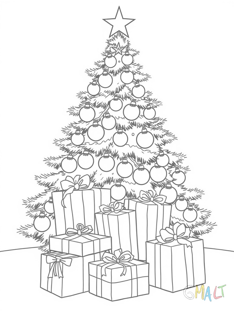 Ein großer Weihnachtsbaum mit vielen bunten Kugeln und einer leuchtenden Stern-Spitze steht in der Bildmitte. Darunter liegen mehrere eingepackte Geschenke verschiedener Größen.