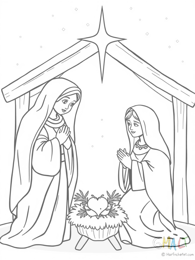 Eine Krippe mit Jesuskind im Stroh. Maria und Josef stehen daneben und ein Stern leuchtet über der Szene.