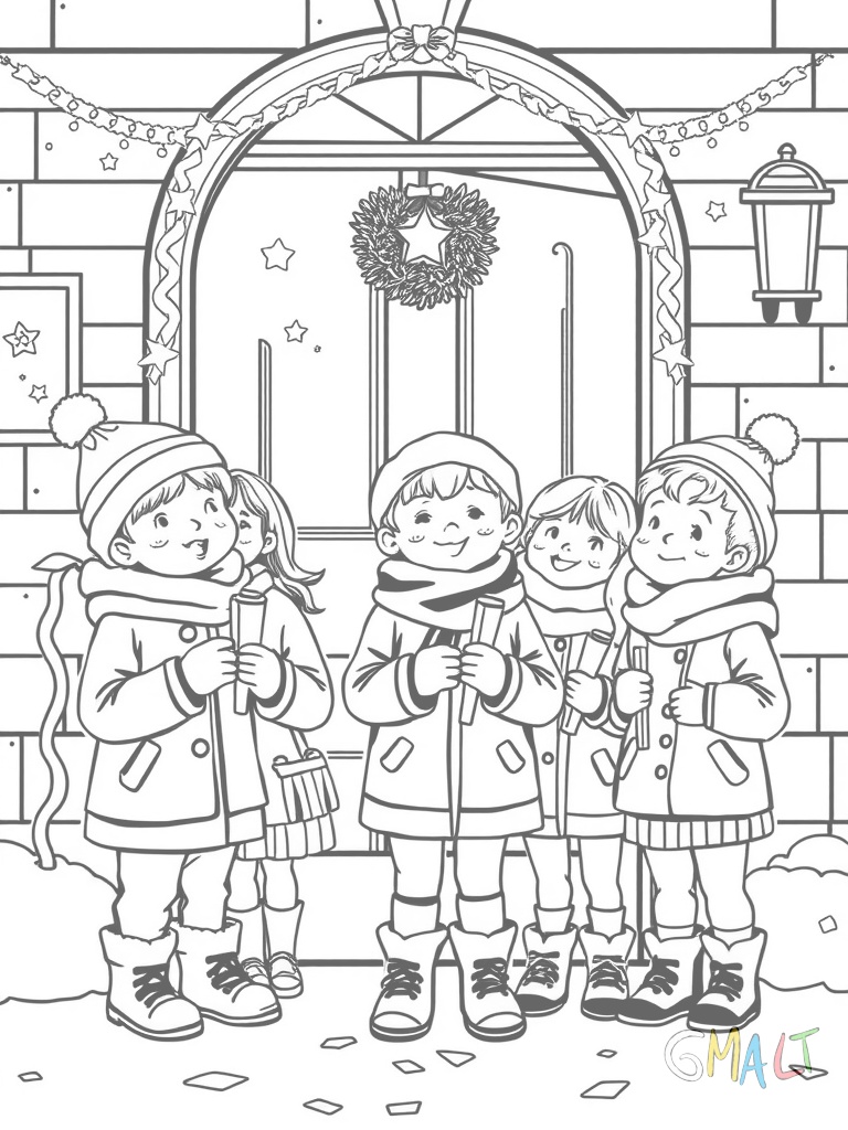 Eine Gruppe singender Kinder mit Laternen steht vor einer Haustür. Sie tragen warme Winterkleidung.