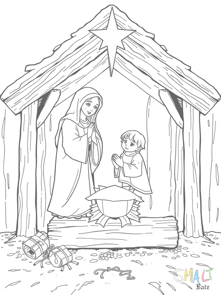 Maria und Josef stehen gebeugt über eine Holzkrippe mit dem Jesuskind. Ein Stern leuchtet durch das offene Stalldach. Stroh liegt auf dem Boden verstreut.