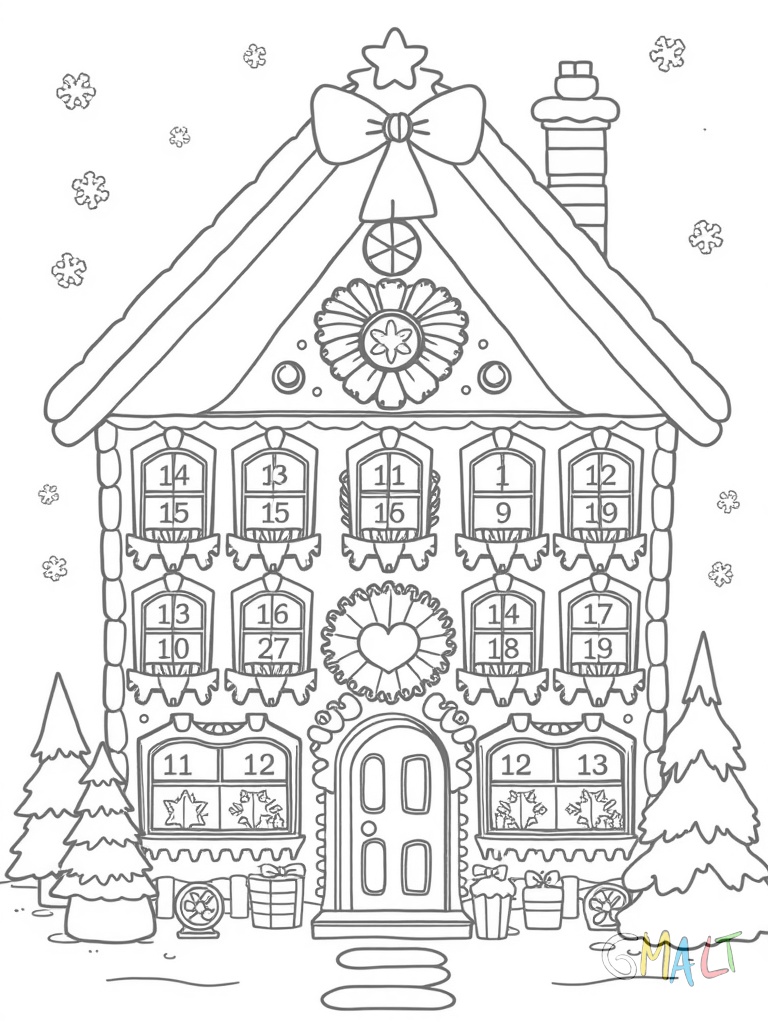 Ein Lebkuchenhaus als Adventskalender. 24 kleine Fenster mit Nummern sind eingezeichnet. Eine große Schleife aus rotem Zuckerguss schmückt die Frontseite.