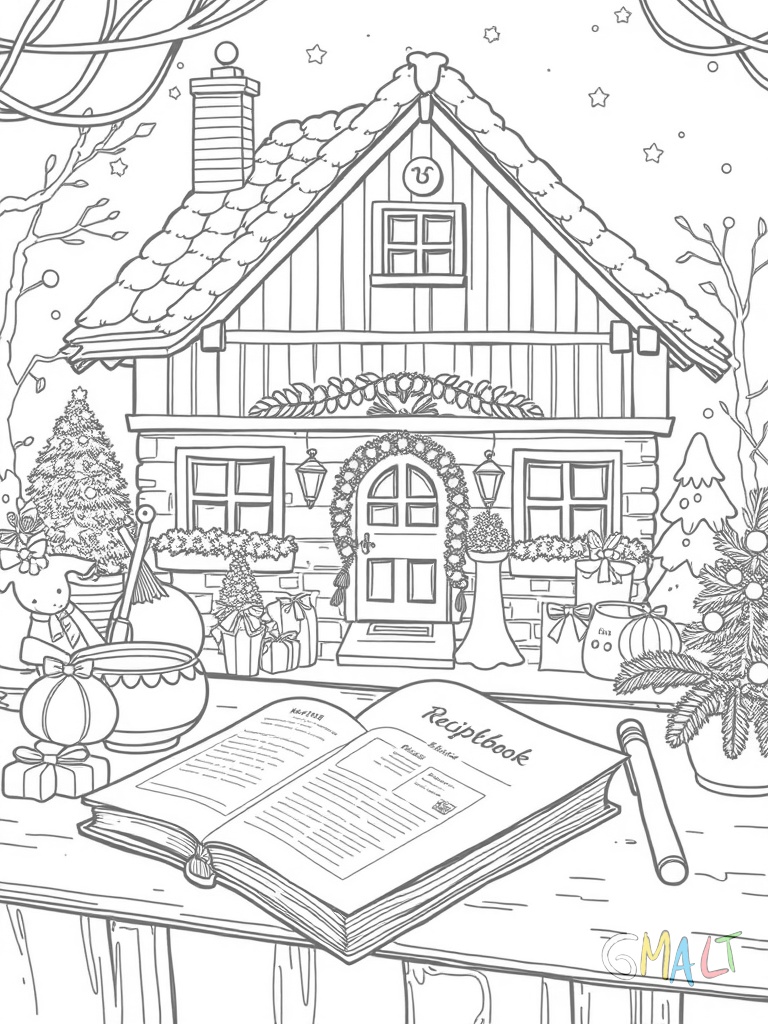 Ein Lebkuchenhaus-Rohbau im Entstehen. Daneben liegen BackstUtensilien wie Nudelholz und Ausstechformen. Ein Rezeptbuch liegt aufgeschlagen daneben.