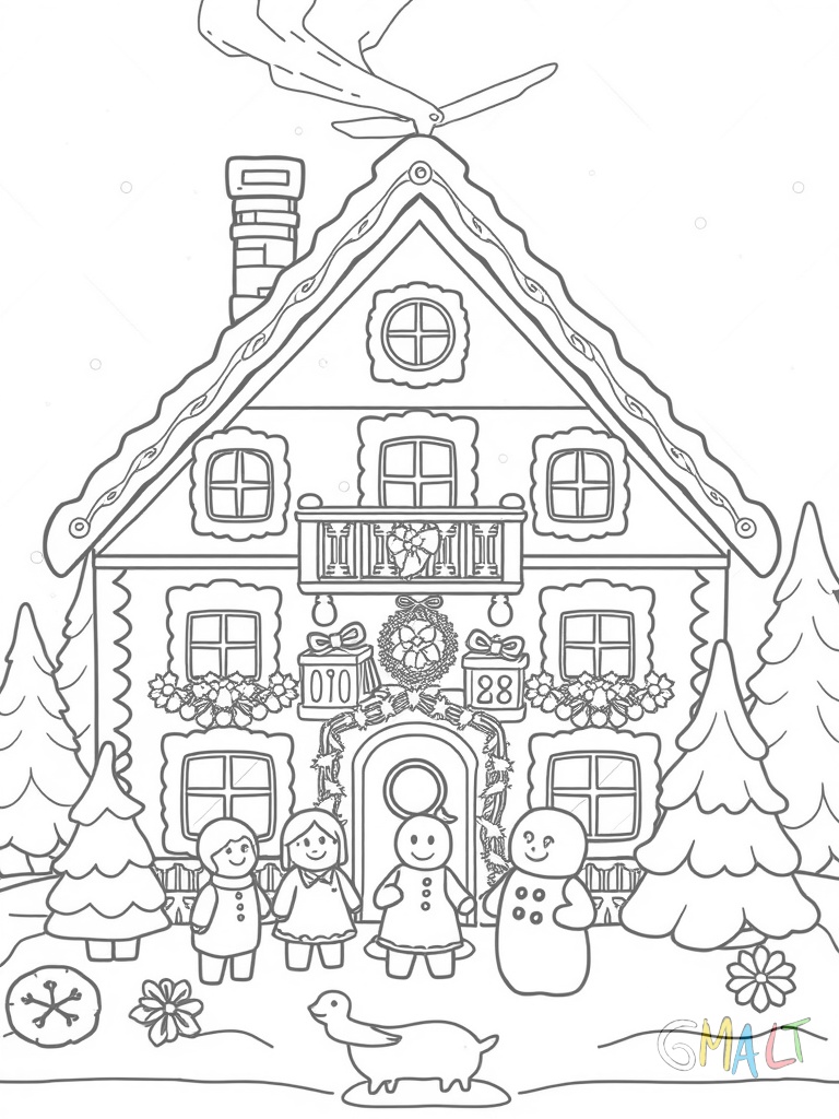 Ein Familienhaus aus Lebkuchen mit drei Fenstern und Balkon. Kleine Lebkuchenfiguren stehen im Vorgarten. Ein Schornstein aus Schokolade raucht.