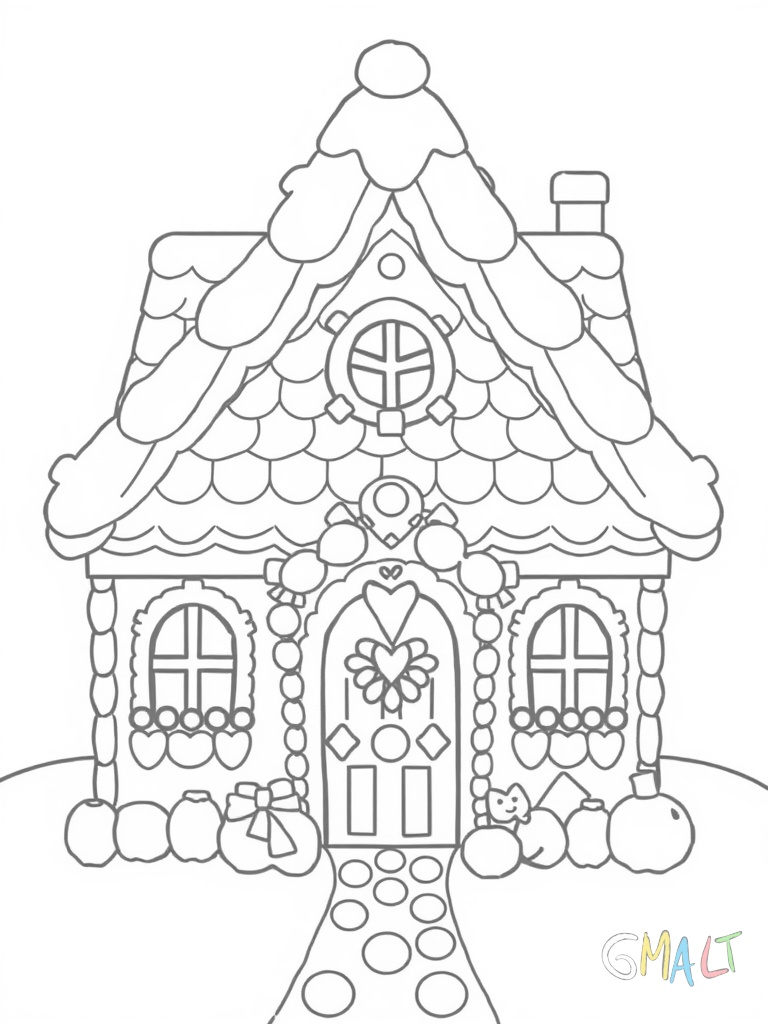 Ein klassisches Lebkuchenhaus mit spitzem Dach aus weißer Zuckerguss-Verzierung. Auf dem Dach liegen kleine Zuckerperlen. Der Eingang wird von Gummibärchen gesäumt und Smarties bilden einen bunten Weg zur Haustür.