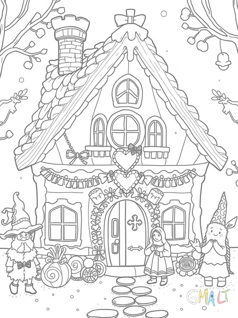 Ein Hexenhaus aus Lebkuchen im Märchenstil. Bonbons und Kekse verzieren die Wände. Hänsel und Gretel als Lebkuchenfiguren stehen davor.