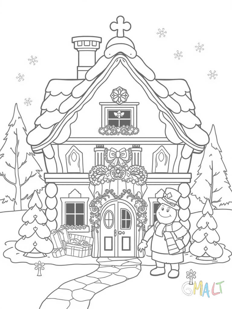 Ein großes Lebkuchenhaus im Vordergrund mit zwei Stockwerken. Daneben steht ein kleiner Lebkuchen-Schneemann mit Zuckerguss-Schal. Kleine Zuckerstangen markieren den Gartenzaun.
