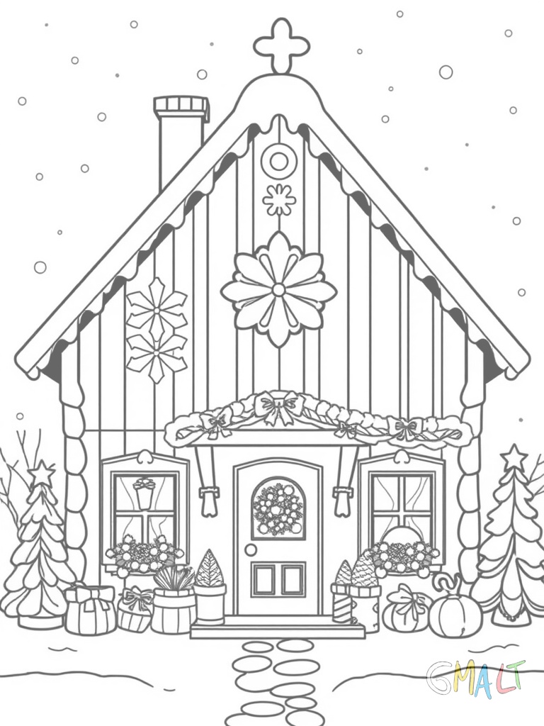 Ein modernes Lebkuchenhaus mit geraden Linien. Geometrische Muster aus weißem Zuckerguss zieren die Wände. Ein Carport aus Waffeln steht daneben.