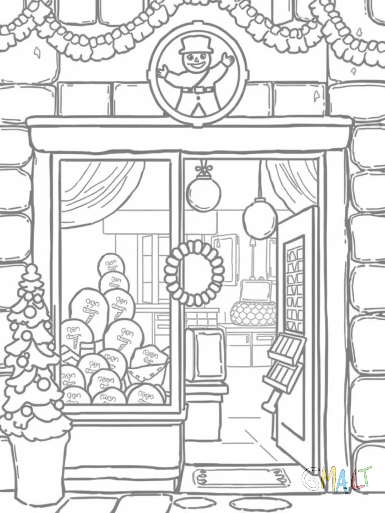 Ein Lebkuchenhaus-Shop mit Schaufenster und Markise. Im Fenster sind kleine Lebkuchen-Leckereien ausgestellt. Ein Schild über der Tür zeigt einen Lebkuchenmann.