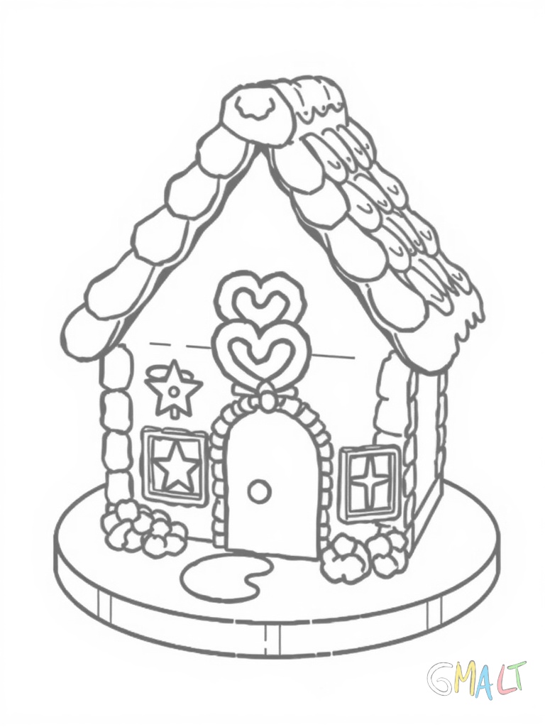 Ein Lebkuchenhaus auf einer runden Platte. Das Dach ist mit Dominosteinen gedeckt. Zwei Zimtsterne schmücken die Fensterläden und ein Brezel dient als Türkranz.