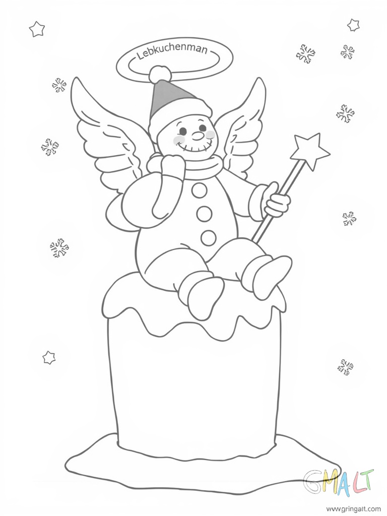 Ein Lebkuchenmann sitzt auf einem großen Weihnachtskeks und angelt mit einer Zuckerstange als Angel. Er trägt eine grüne Weihnachtsmütze.