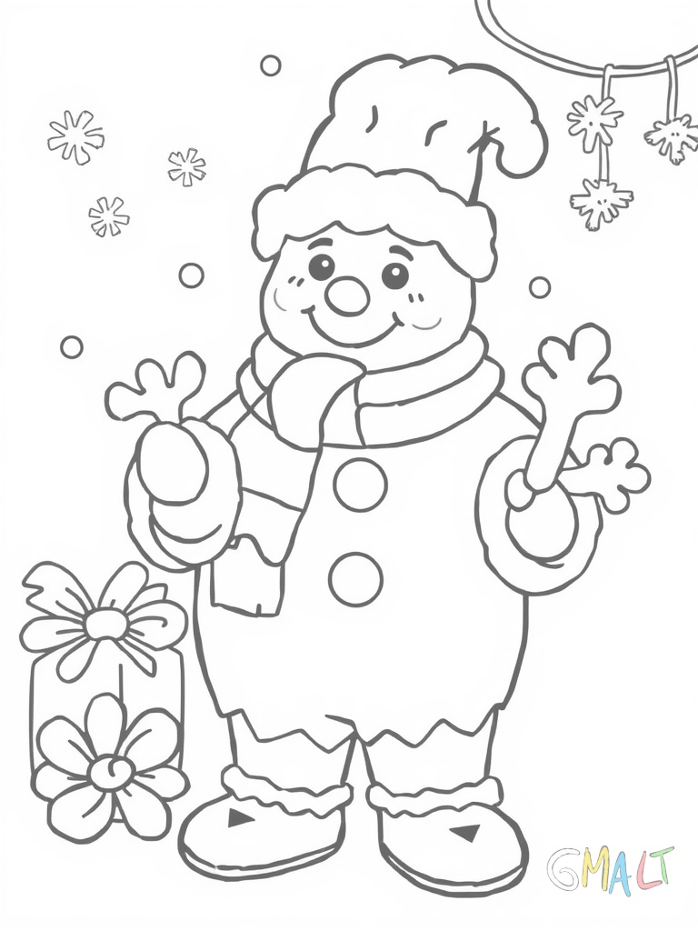 Ein Lebkuchenmann baut einen kleinen Schneemann aus Zuckerwatte. Er trägt Ofenhandschuhe und eine Kochschürze.