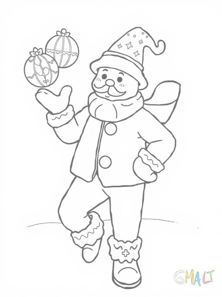 Ein Lebkuchenmann jongliert mit drei bunten Weihnachtskugeln. Er steht auf einem Bein und trägt eine Weihnachtsfliege.