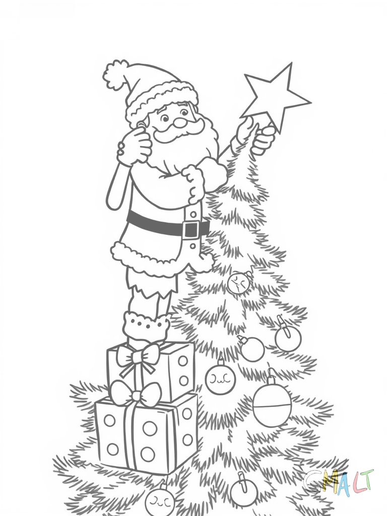 Ein Lebkuchenmann steht auf einem Stapel Geschenke und schmückt die Spitze eines Weihnachtsbaums mit einem Stern.
