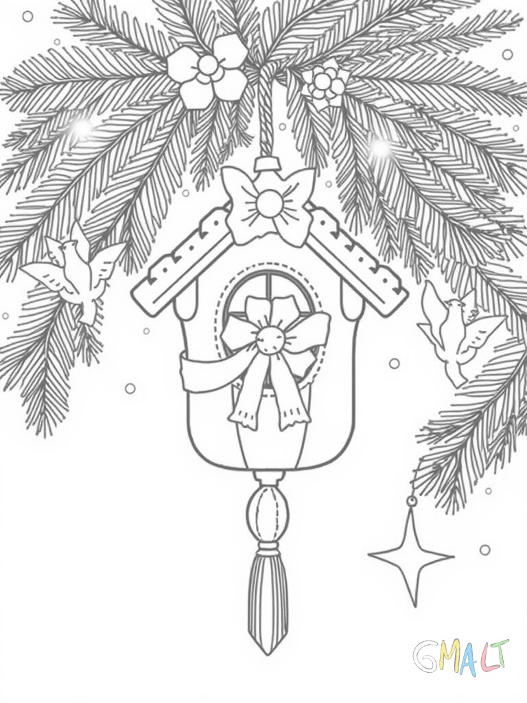 Eine große Weihnachtsglocke hängt von einem geschmückten Tannenzweig. Sie ist mit einer roten Schleife gebunden. Daneben schweben drei Schneeflocken. Ein kleiner Stern funkelt in der Ecke.