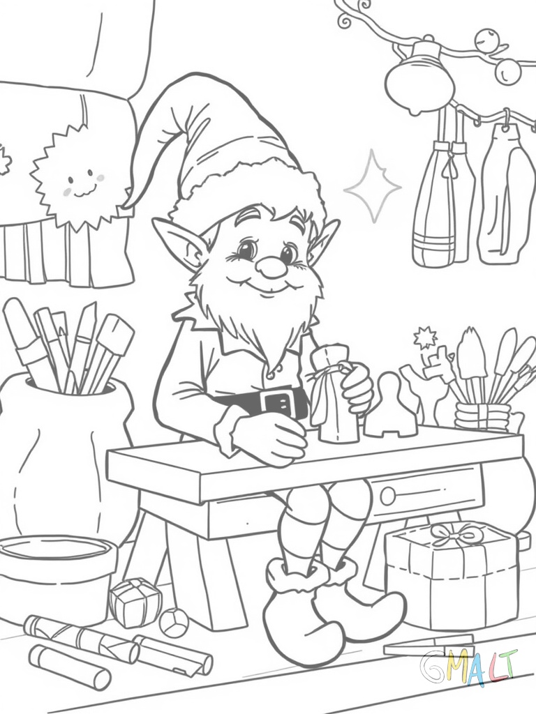 Ein Weihnachtself sitzt an einer Werkbank. Er hämmert an einem Holzspielzeug. Um ihn herum liegen Werkzeuge Farben und halbfertige Spielsachen. Er trägt eine Zipfelmütze mit Glöckchen.
