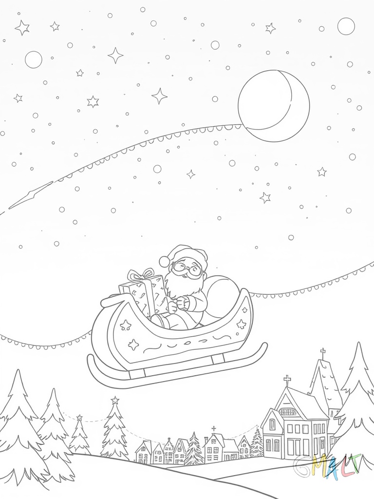Ein Weihnachtsschlitten schwebt am Nachthimmel. Er wird von acht Rentieren gezogen. Im Schlitten sitzt der Weihnachtsmann mit seinem Geschenkesack. Unten sind die Lichter einer kleinen Stadt zu sehen.