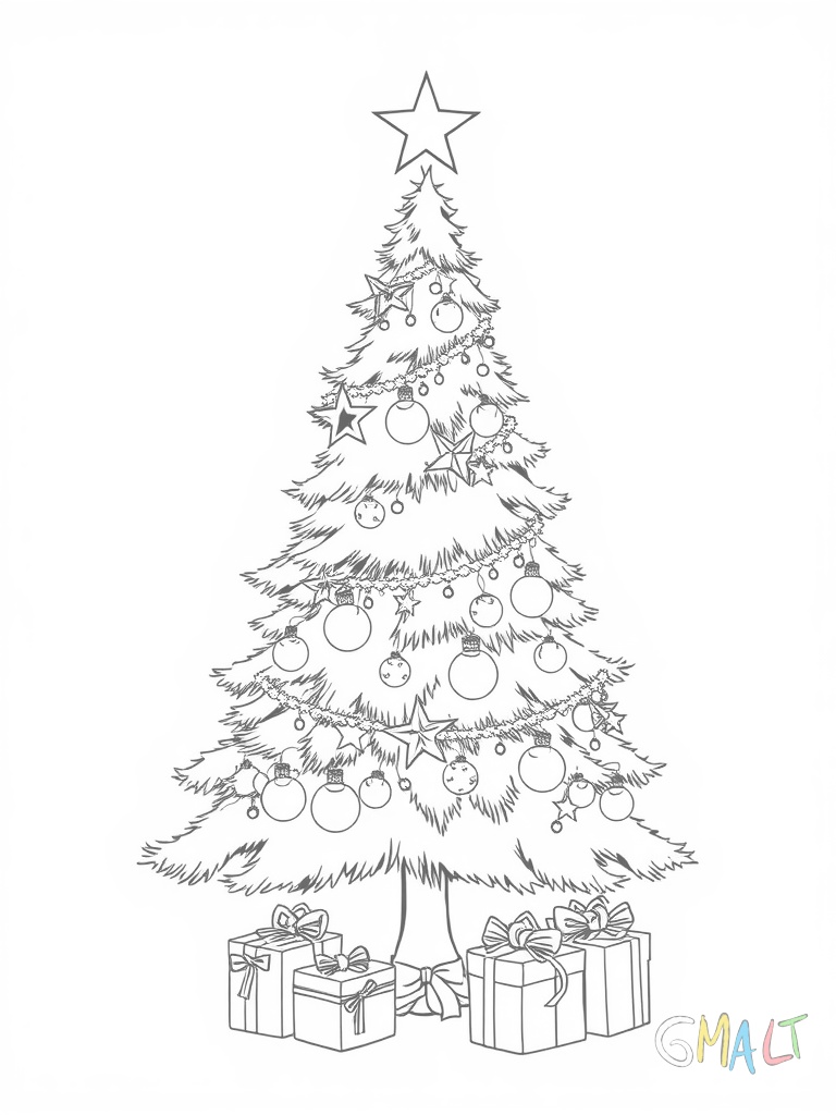 Ein großer Weihnachtsbaum steht in der Bildmitte. Er ist mit Kugeln Sternen und einer Lichterkette geschmückt. An der Spitze prangt ein strahlender Stern. Unter dem Baum liegen mehrere eingepackte Geschenke.