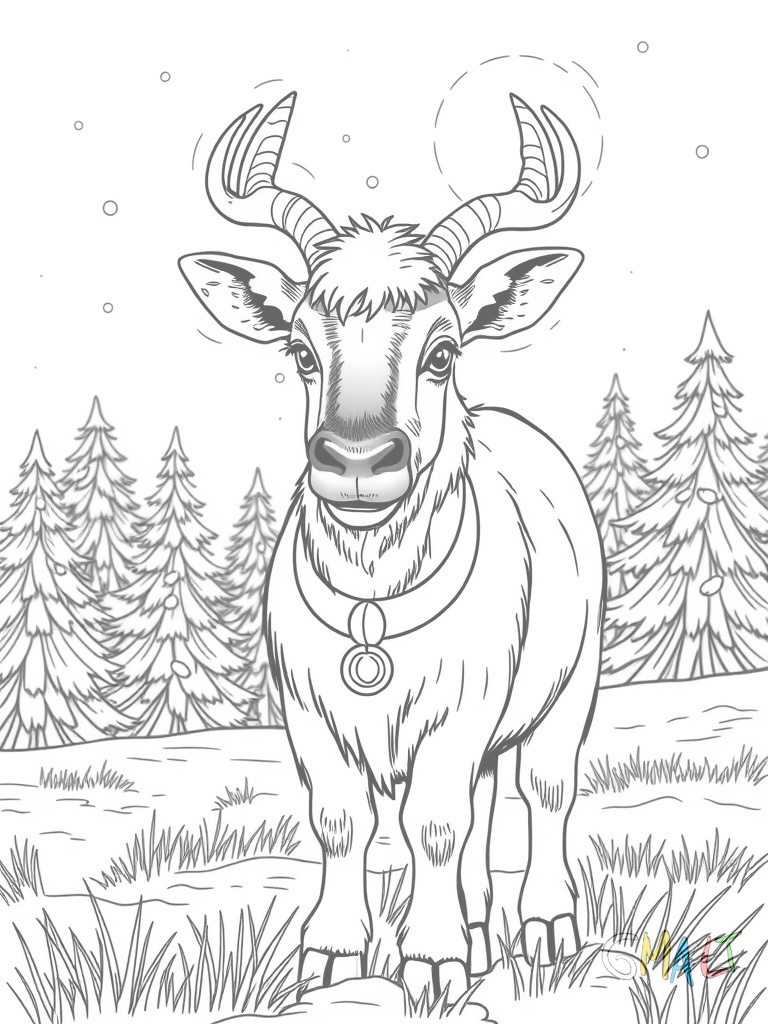Ein Rentier mit leuchtender roter Nase steht auf einer verschneiten Wiese. Es trägt ein Glöckchenhalsband und schaut neugierig nach vorne. Im Hintergrund sind verschneite Tannenbäume zu sehen.
