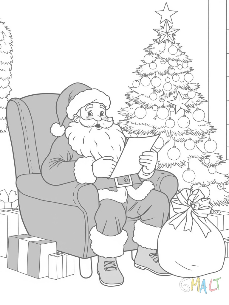 Ein fröhlicher Weihnachtsmann sitzt in einem großen roten Sessel vor einem geschmückten Tannenbaum. Er hält eine Liste in der Hand und lächelt warmherzig. Neben ihm steht ein Sack voller Geschenke.