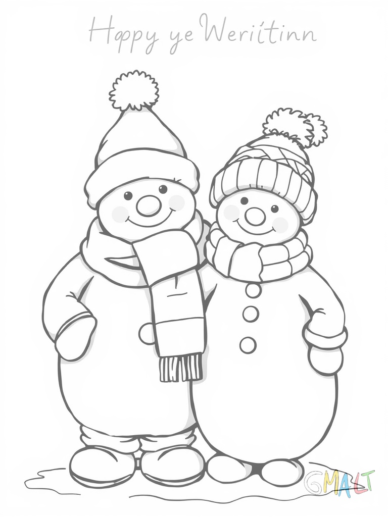 Zwei niedliche Schneemänner stehen nebeneinander. Der größere trägt einen Zylinder und Schal der kleinere eine Wintermütze. Beide haben Karottennase und Knopfaugen. Ihre Zweigearme sind freundlich ausgestreckt.