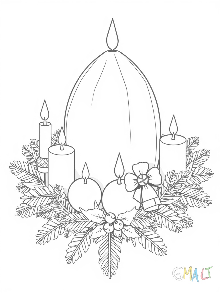 Eine große Kerze steht auf einem Adventskranz aus Tannenzweigen. Um den Kranz sind vier kleine Kerzen gleichmäßig verteilt. Eine rote Schleife schmückt den Kranz.