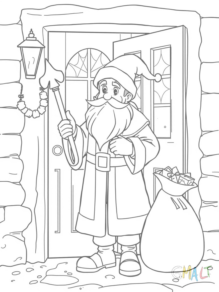 Der Nikolaus steht vor einer Haustür und klopft mit seinem Stab an. Sein Geschenkesack ist prall gefüllt und lehnt an seiner Seite. Im Fenster neben der Tür brennt ein warmes Licht.