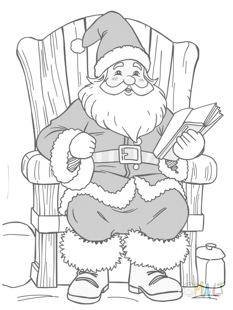 Ein lächelnder Nikolaus mit langem weißen Bart sitzt auf einem großen Holzstuhl. Er hält einen Sack mit Geschenken in der linken Hand und ein dickes Buch liegt aufgeschlagen auf seinem Schoß. Sein roter Mantel ist mit Pelz verziert und er trägt eine hohe Bischofsmütze.