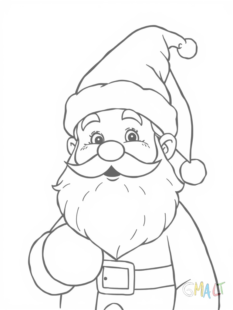 Ein Weihnachtsmann-Gesicht mit freundlichem Lächeln und Rauschebart schaut nach vorne. Er trägt eine rote Mütze mit Bommel und seine Wangen sind rosig.