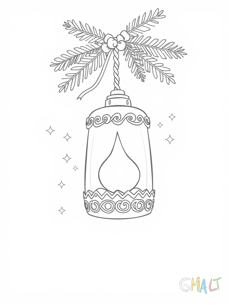 Eine große Glocke mit Schleife hängt von einem Tannenzweig herab. Kleine Sterne und Schneeflocken schweben um sie herum. Die Glocke hat einen verzierten Rand.