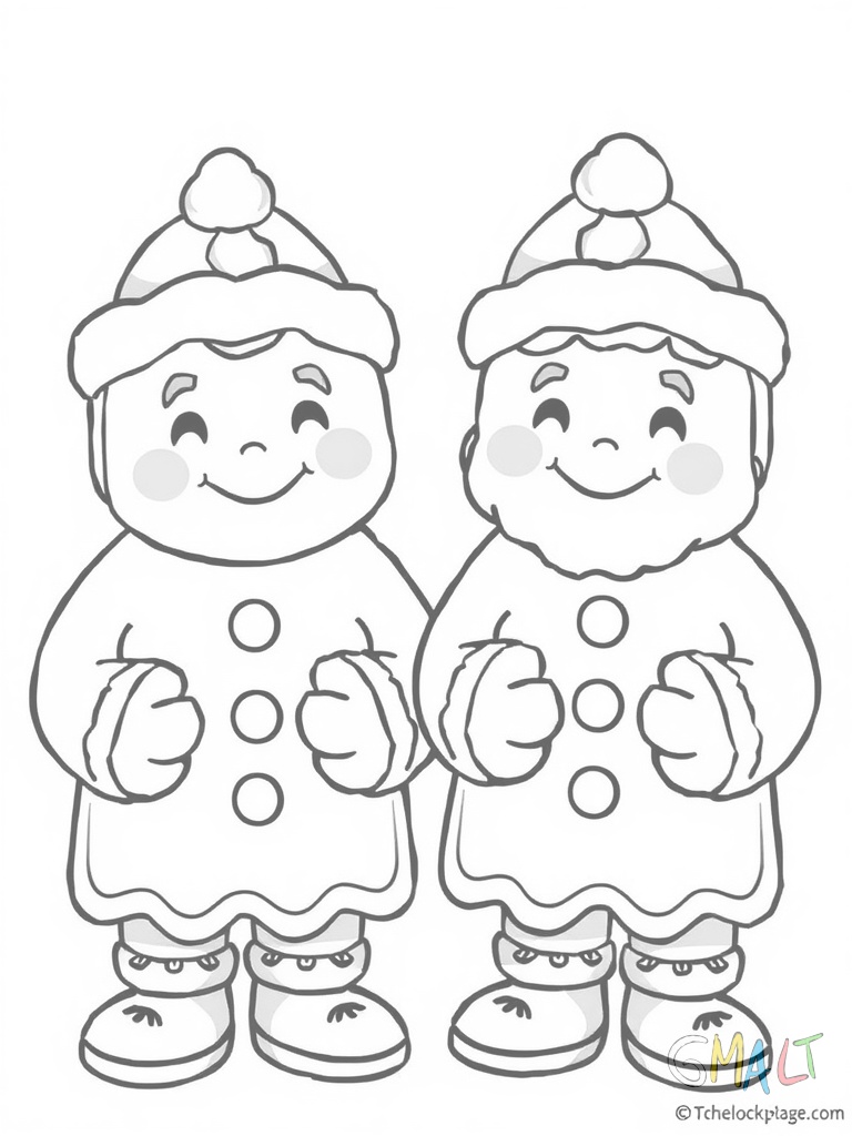 Zwei Lebkuchenmänner mit Zuckergussknöpfen lächeln freundlich. Sie haben einfache Gesichtszüge und halten sich an den Händen. Kleine Rosinen bilden ihre Augen.