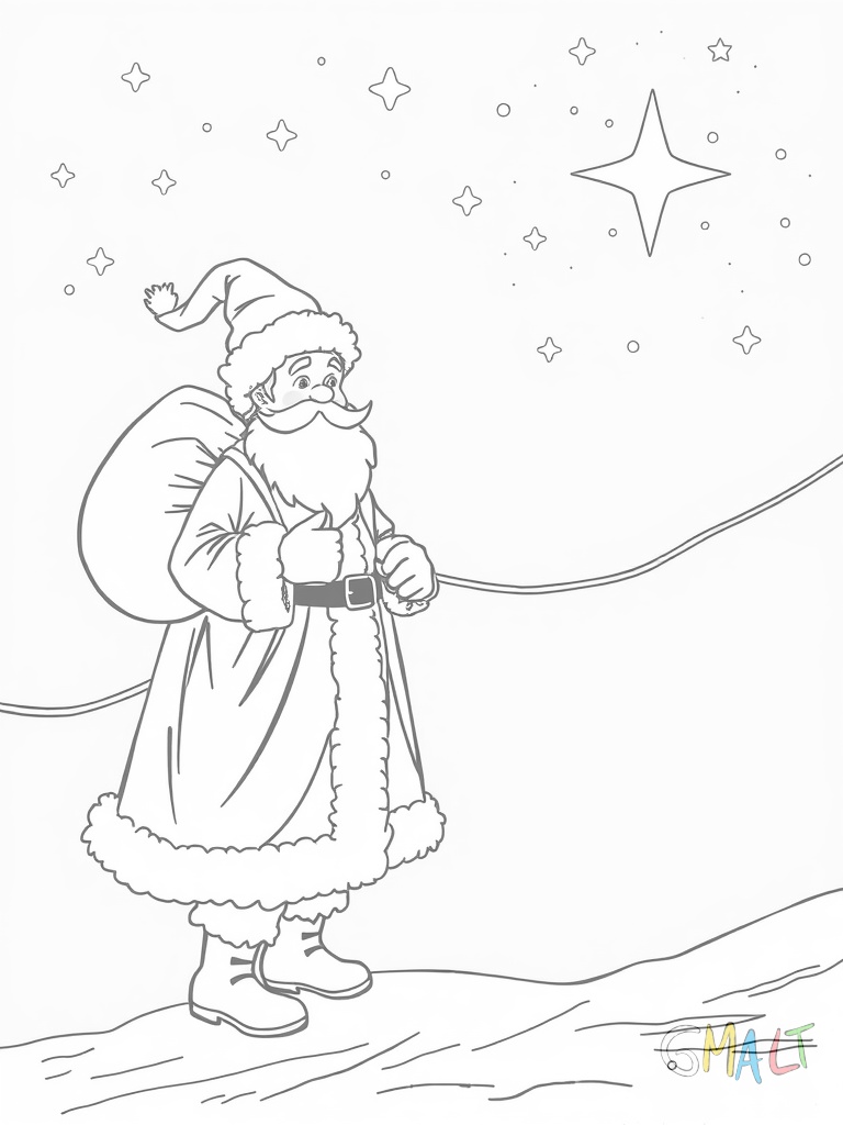 Ein Rentier mit großem Geweih zieht einen Schlitten durch die Nacht. Auf dem Schlitten sitzt der Nikolaus mit einem Sack voller Geschenke. Sterne funkeln am Himmel.