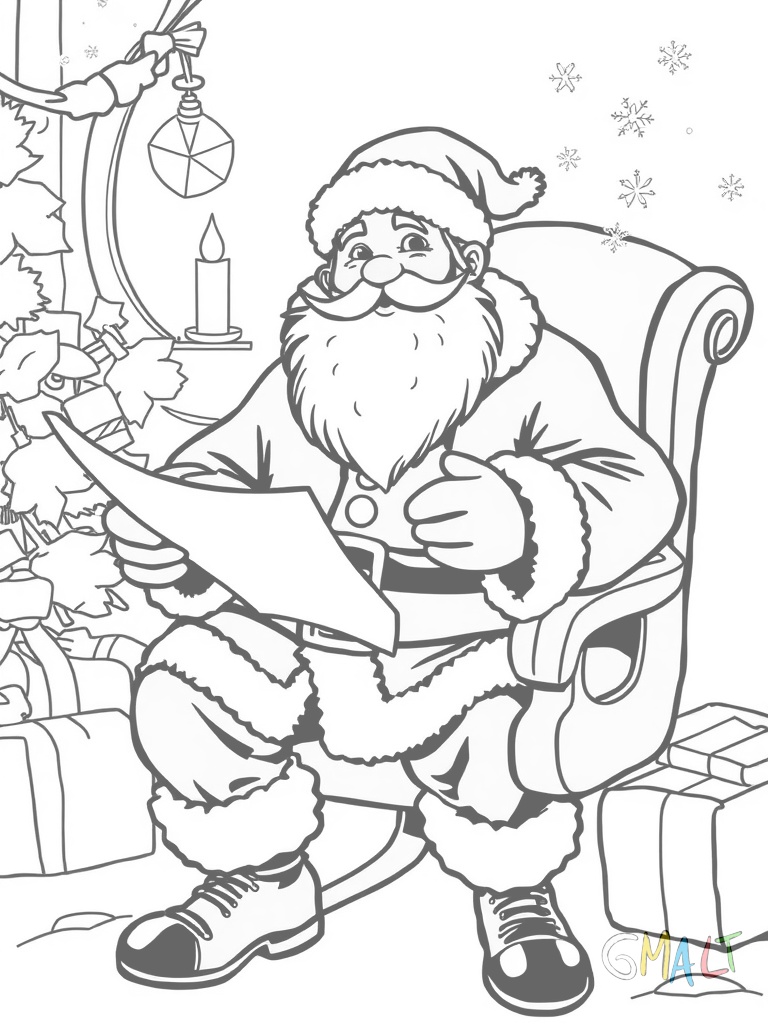 Ein lächelnder Weihnachtsmann mit langem Bart sitzt in seinem Schaukelstuhl. Er hält eine Liste in der Hand und trägt seinen typischen Mantel mit Gürtel.
