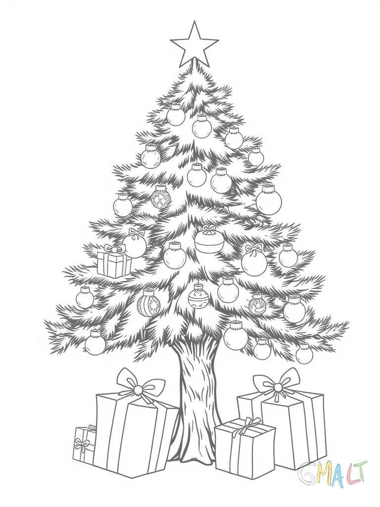 Ein geschmückter Weihnachtsbaum mit einer leuchtenden Sternspitze. An den Zweigen hängen Kugeln Kerzen und kleine Geschenkpäckchen. Unter dem Baum liegen drei verschiedengroße eingepackte Geschenke.
