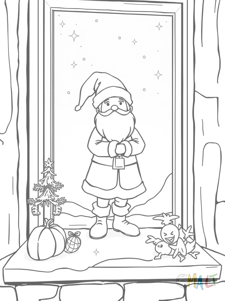 Ein leerer roter Nikolausstiefel steht auf einem Fensterbrett. Daneben liegt eine kleine Möhre und etwas Heu für das Nikolauspferd. Durch das Fenster sieht man Sterne am Nachthimmel.