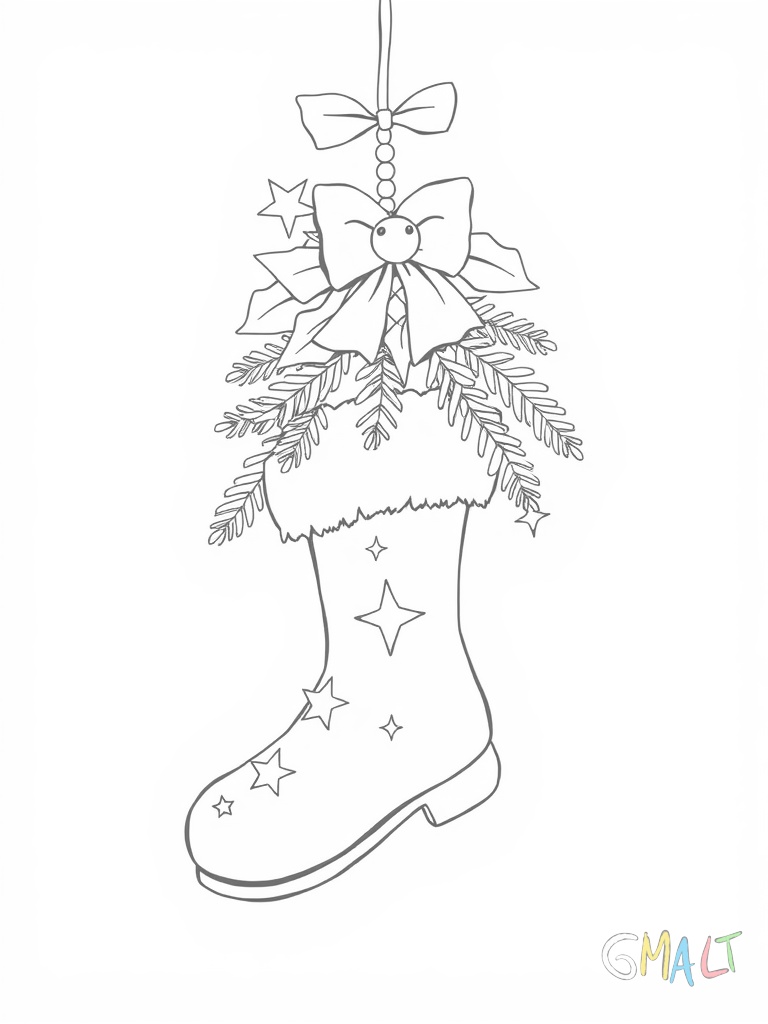 Ein Nikolausstiefel hängt an einem Kamingesims. Darüber hängt ein Tannenzweig mit einer Glocke. Der Stiefel ist mit kleinen aufgestickten Sternen verziert.